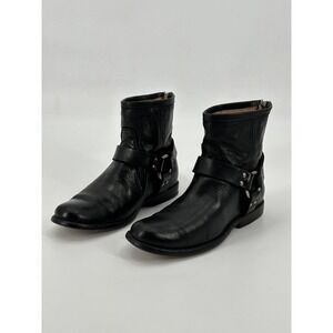 Frye Phillip Harness Short Ankle Boots Black Leather Zip Moto Women's Size 6B